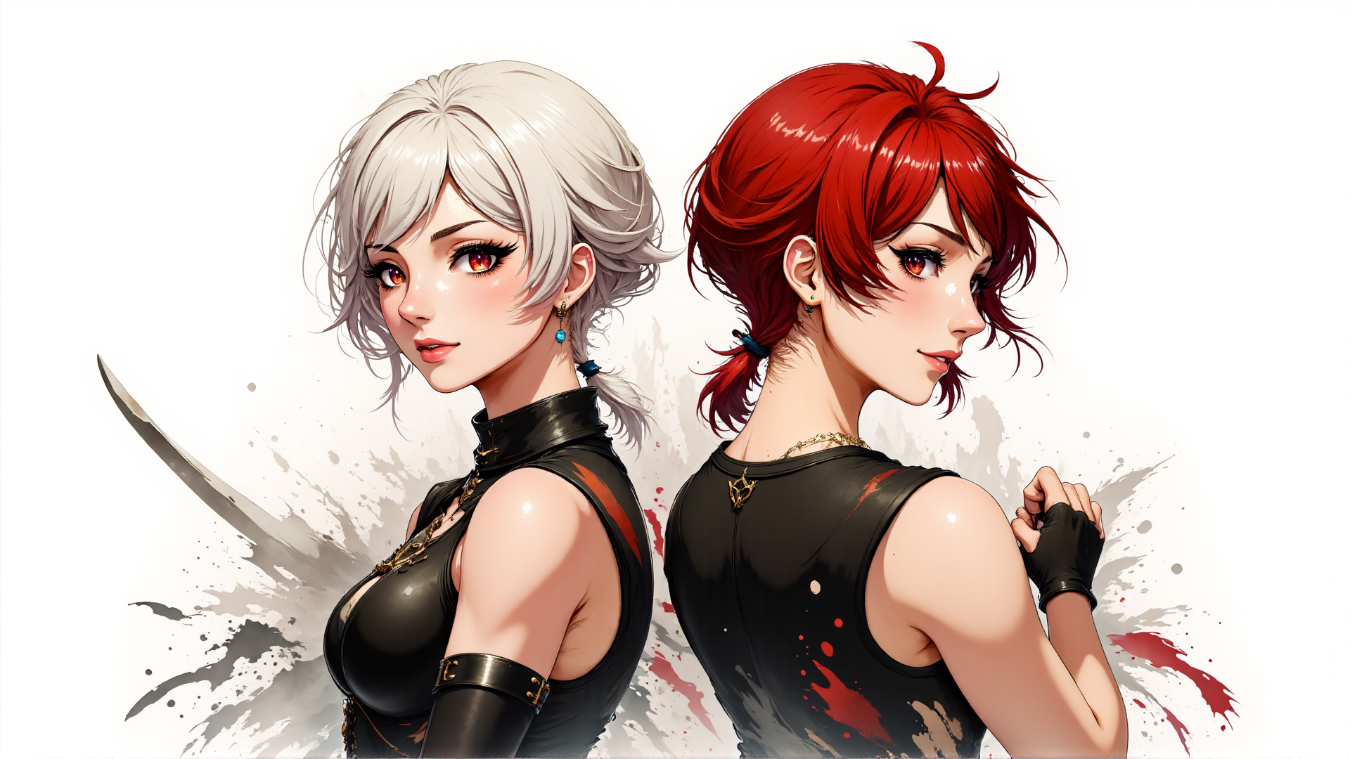 AI generated wallpaper featuring woman, character, anime, girly, red hair, blonde hair, black outfit, knife, gloves, chain
