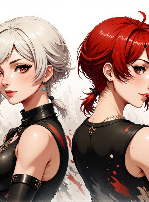 woman, character, anime, girly, red hair, blonde hair, black outfit, knife, gloves, chain