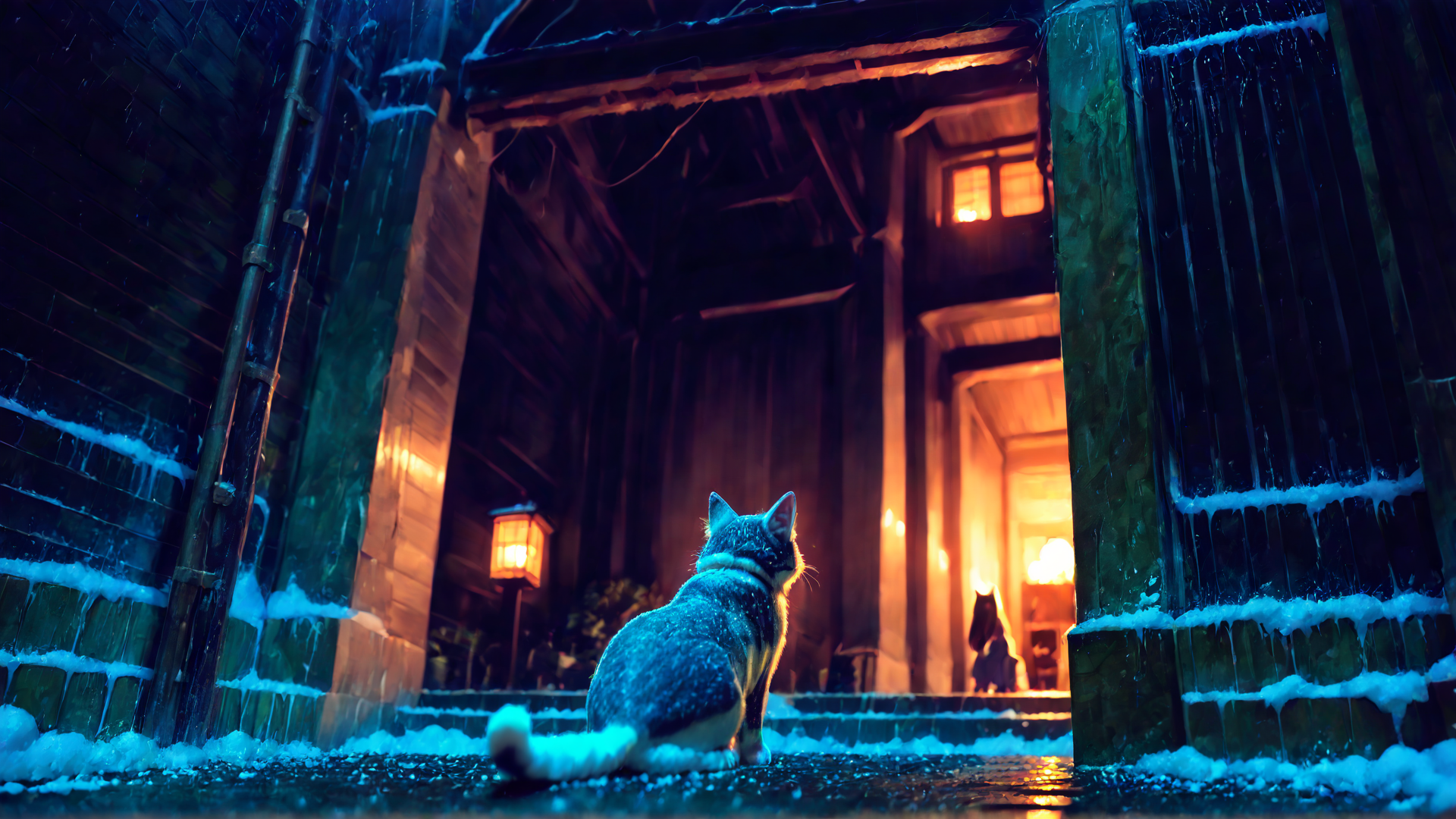 AI generated wallpaper featuring cat, snow, house, lantern, doorway, light, window, steps, snowman, ice