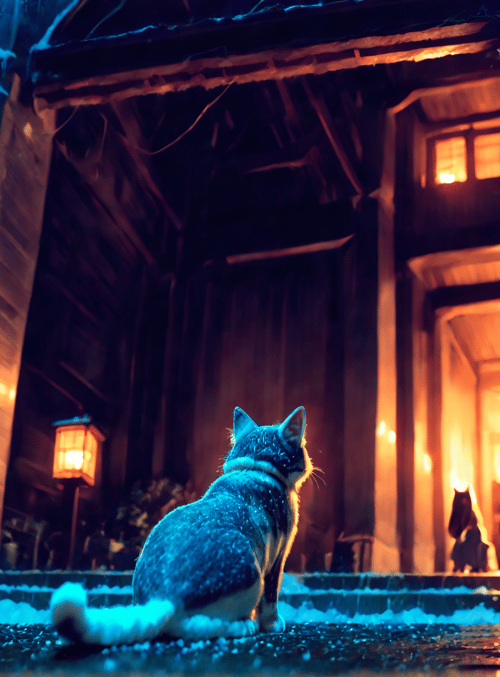 cat, snow, house, lantern, doorway, light, window, steps, snowman, ice