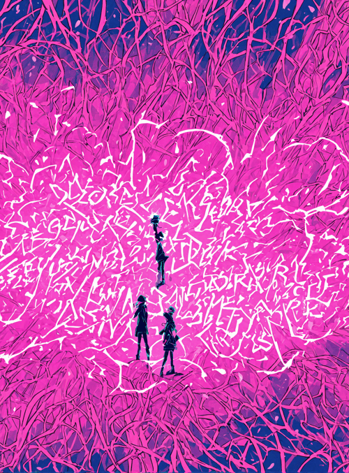 silhouettes, text, trees