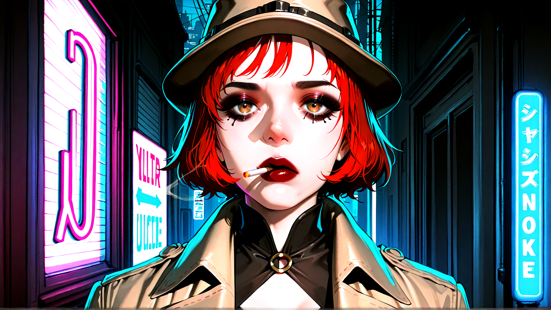 AI generated wallpaper featuring woman, neon, hat, cigarette, coat