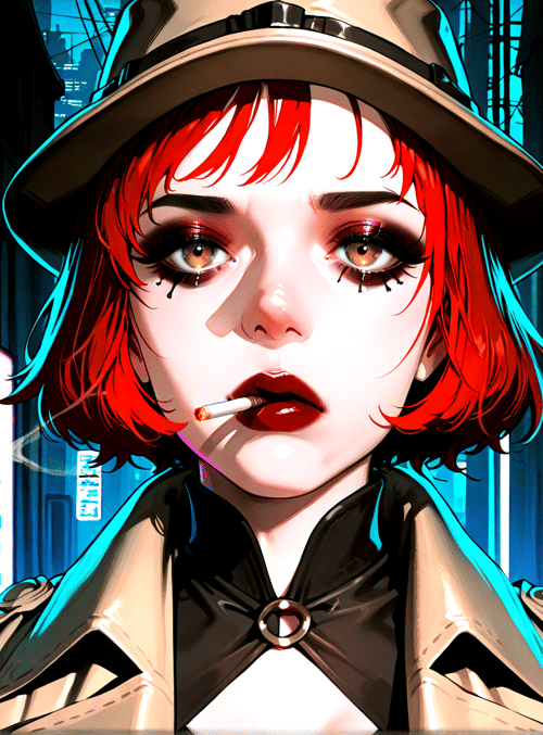woman, neon, hat, cigarette, coat