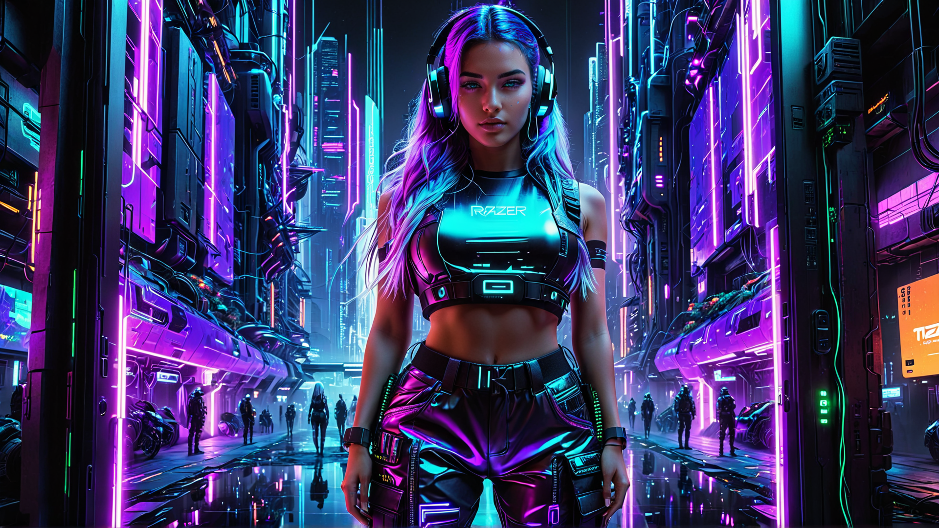 AI generated wallpaper featuring cyberpunk woman, neon city