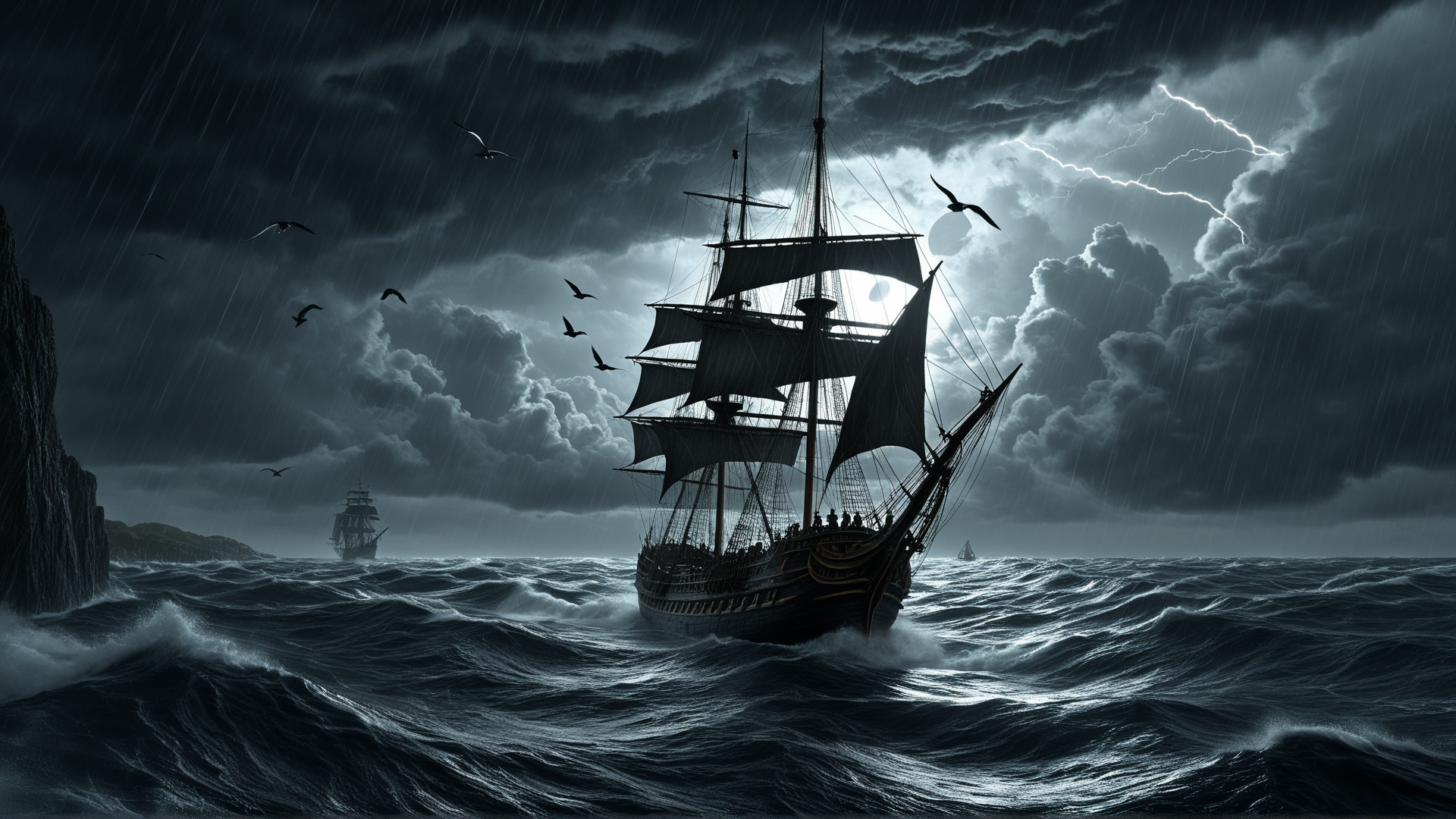 AI generated wallpaper featuring ship, ocean, seagulls