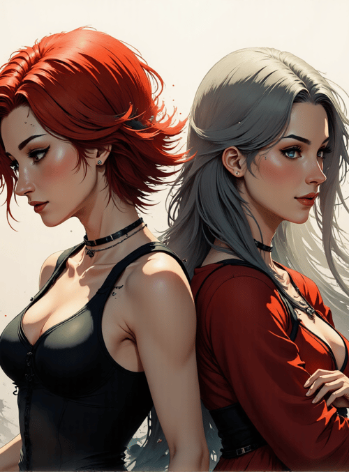 woman, sword, woman, spear