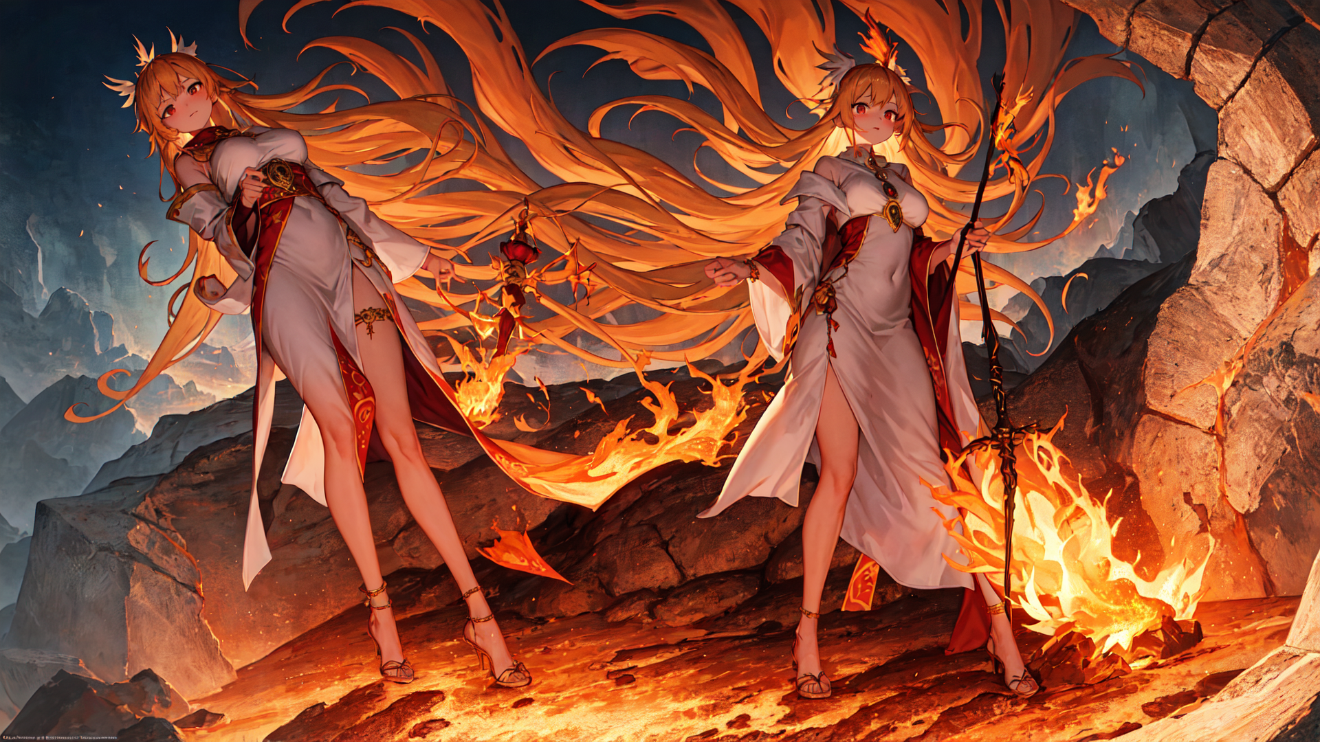AI generated wallpaper featuring girls, fire, sorceress