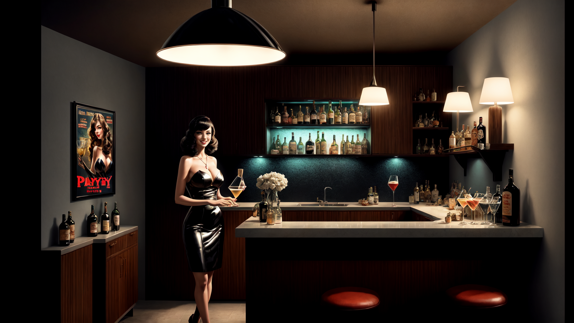 AI generated wallpaper featuring woman, bar, bottle, glass, poster, lighting, stool, flower, shelves, sink