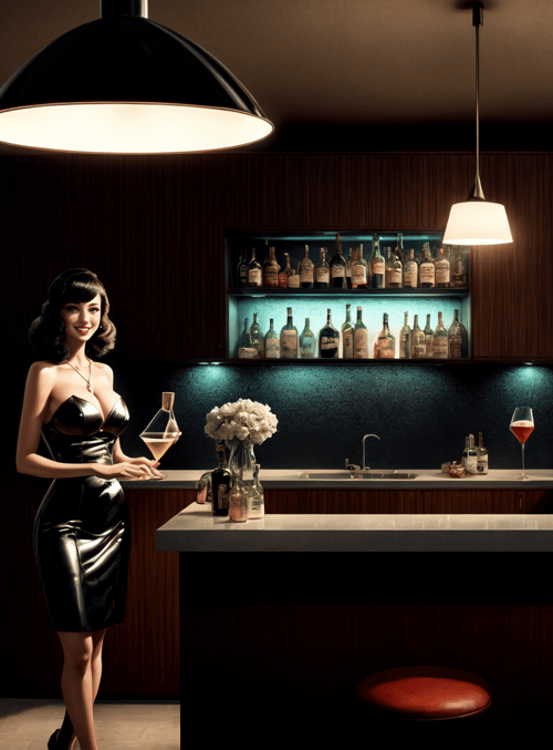 woman, bar, bottle, glass, poster, lighting, stool, flower, shelves, sink