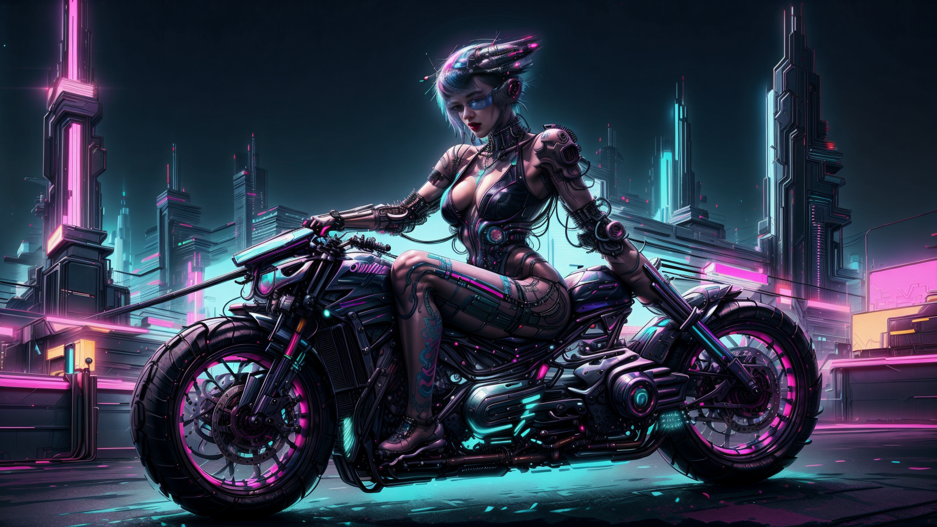 AI generated wallpaper featuring cyborg, motorcycle, city