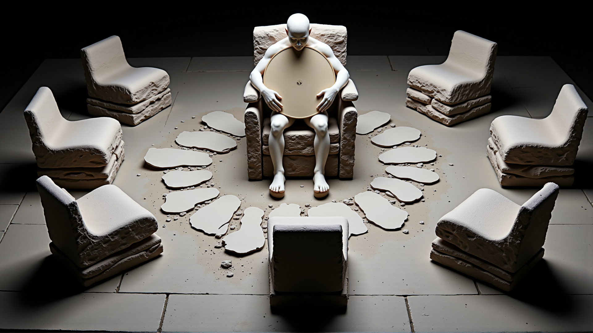 AI generated wallpaper featuring figure, chair, disc, fragment
