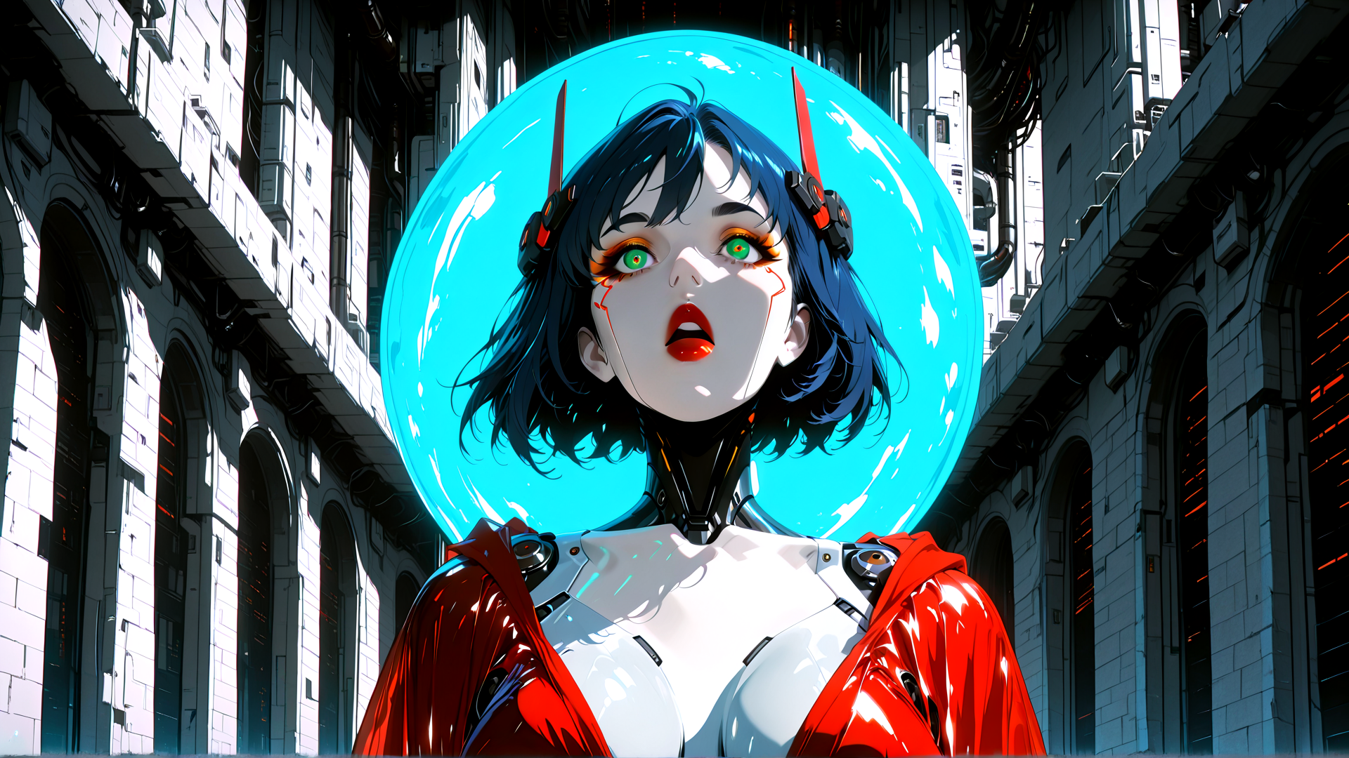 AI generated wallpaper featuring cyborg, woman, alien, city, globe