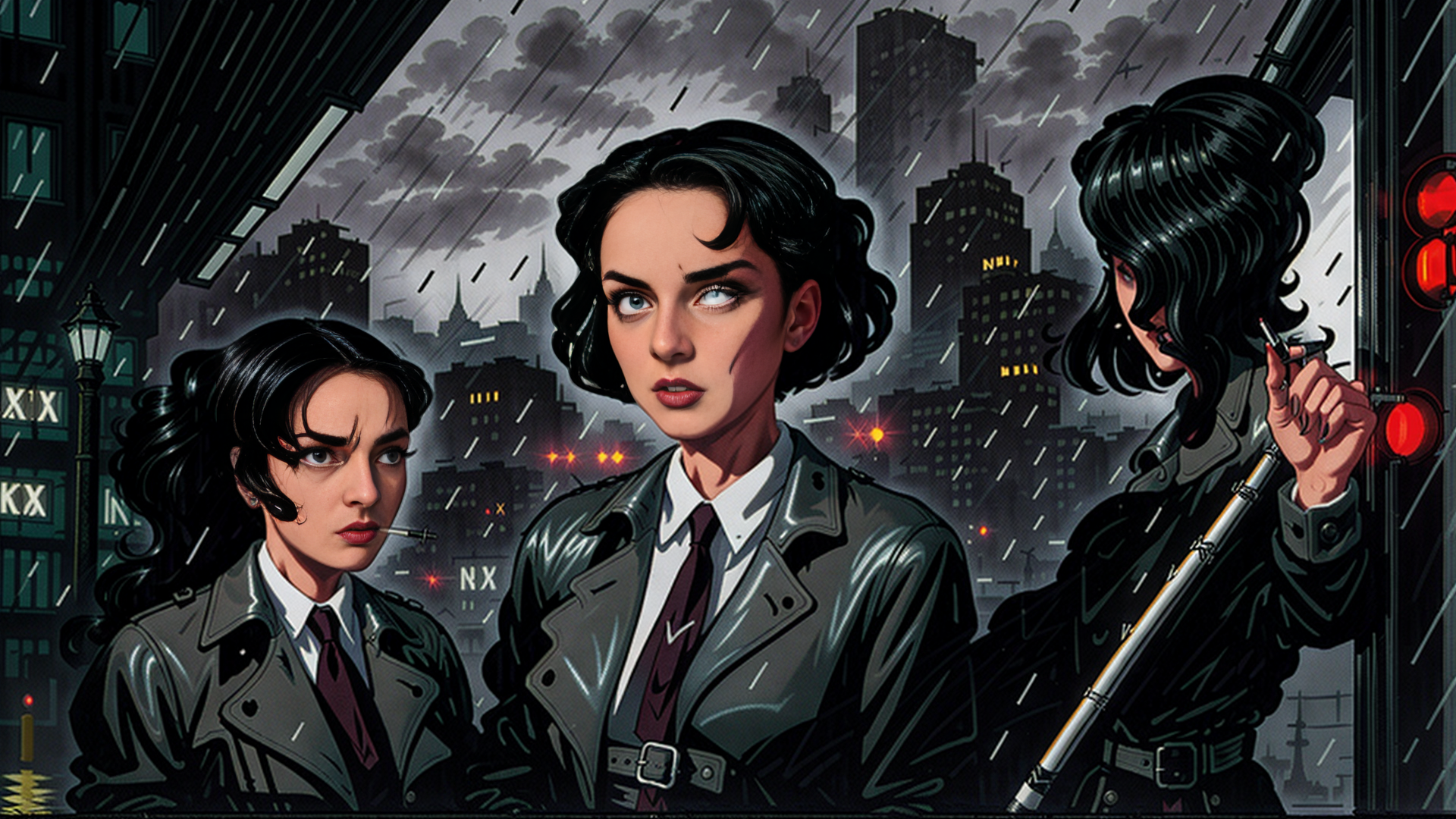 AI generated wallpaper featuring women, cityscape, rain