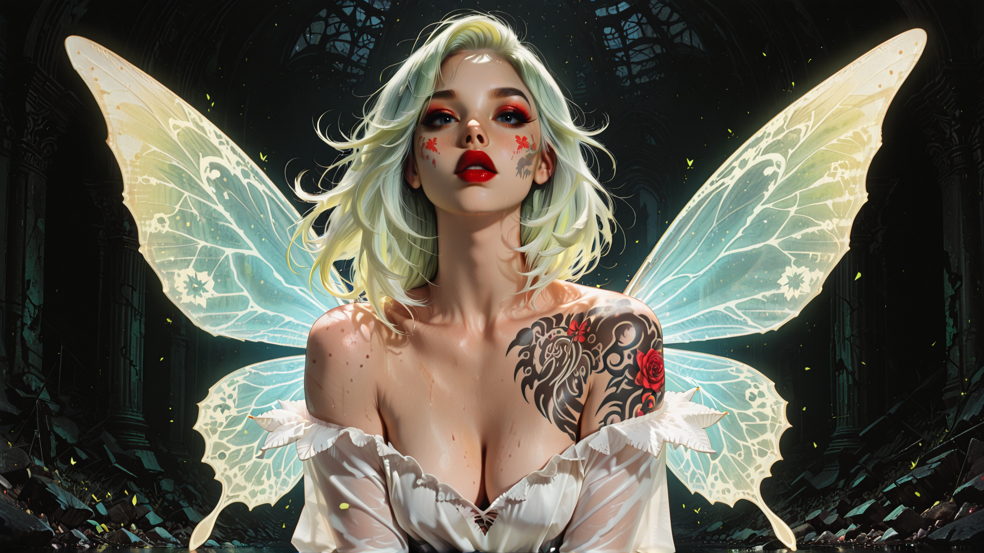 AI generated wallpaper featuring fairy, woman, wings, tattoo, dress