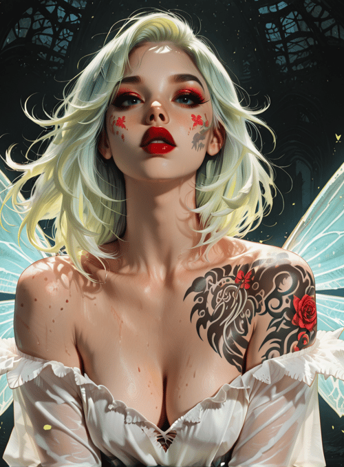 fairy, woman, wings, tattoo, dress