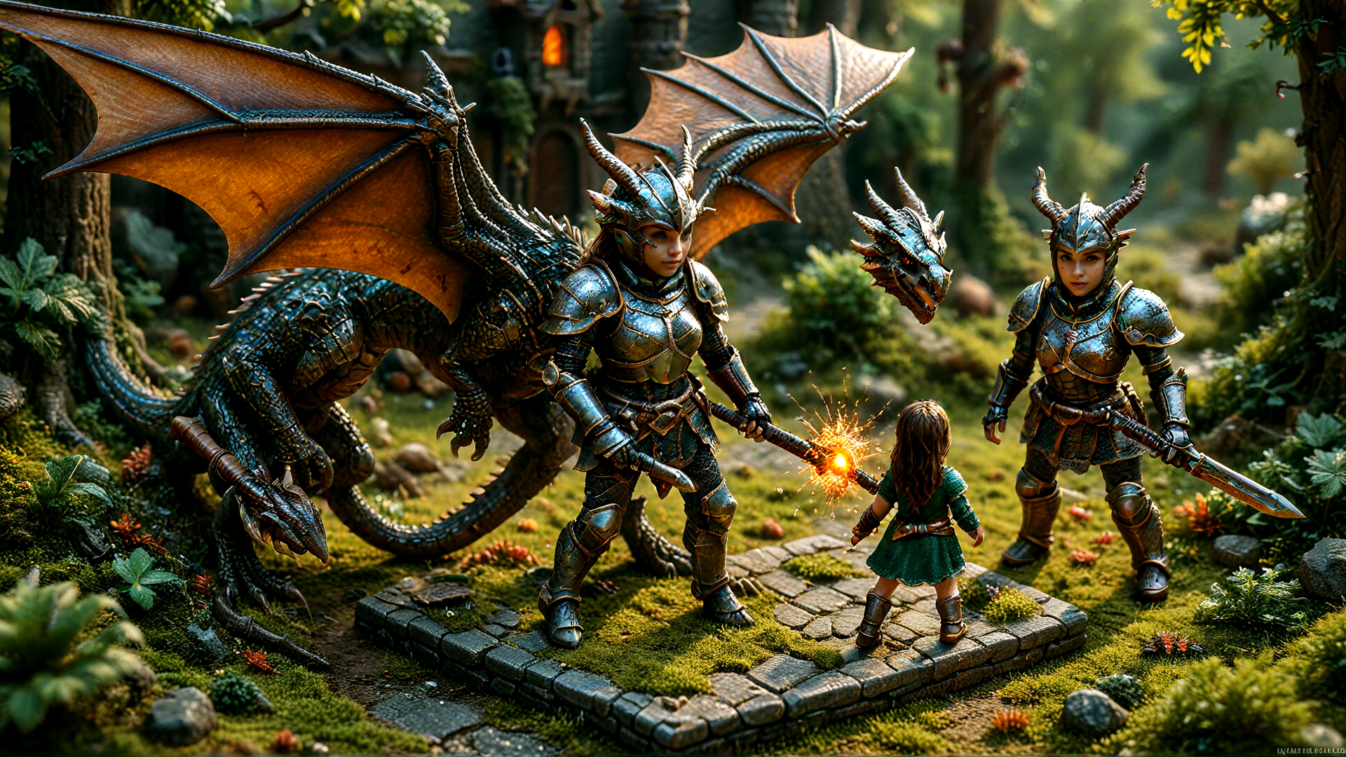 AI generated wallpaper featuring dragon, knight, child, armor, swords, forest