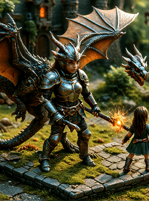 dragon, knight, child, armor, swords, forest