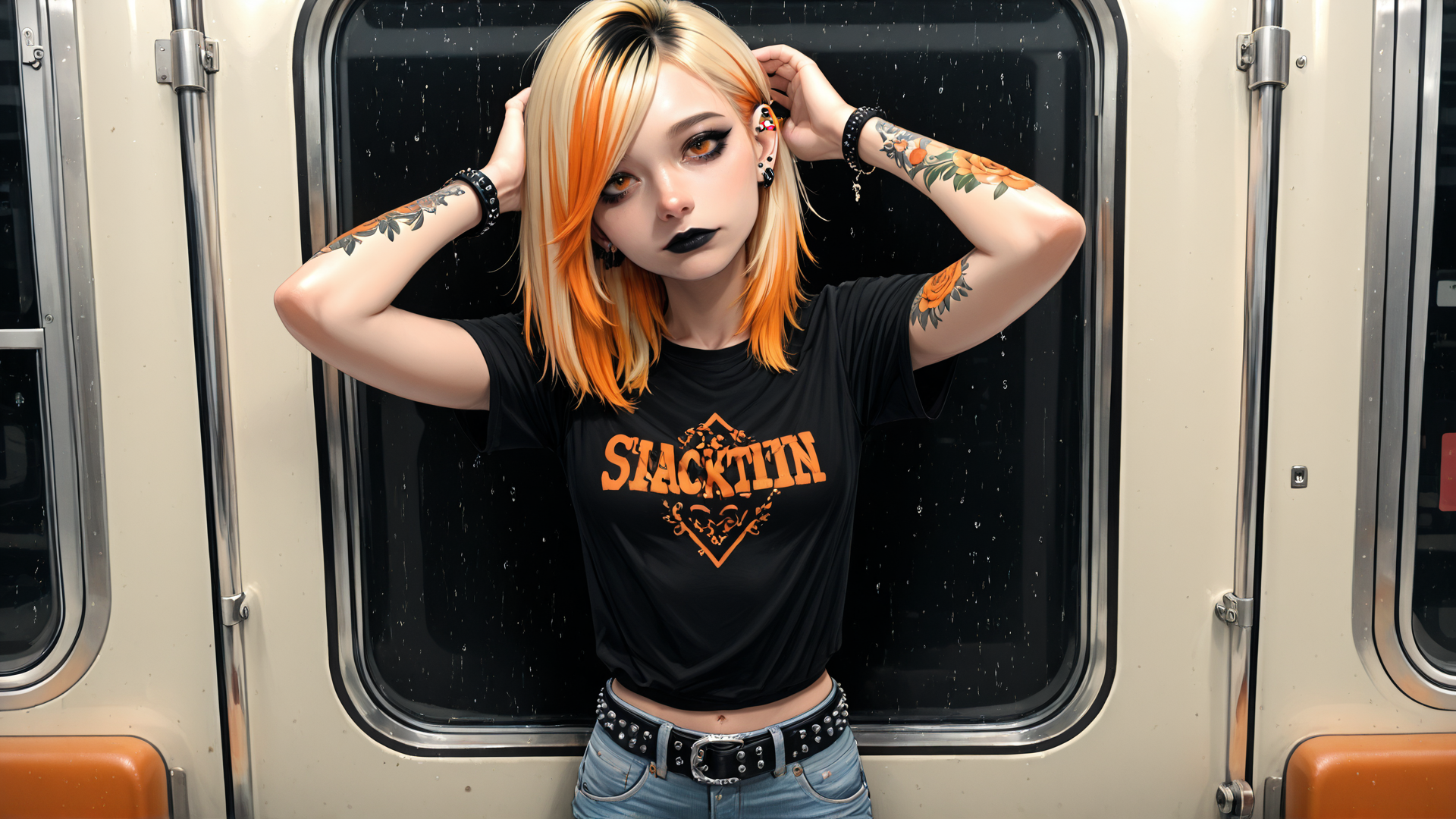 AI generated wallpaper featuring woman, tattoo, t-shirt, jeans, belt, hair, ear, window, train, earrings