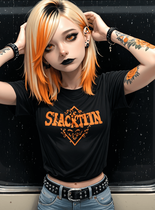 woman, tattoo, t-shirt, jeans, belt, hair, ear, window, train, earrings