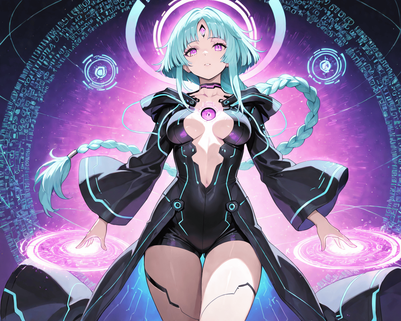 AI generated wallpaper featuring anime girl, cybernetic, magic