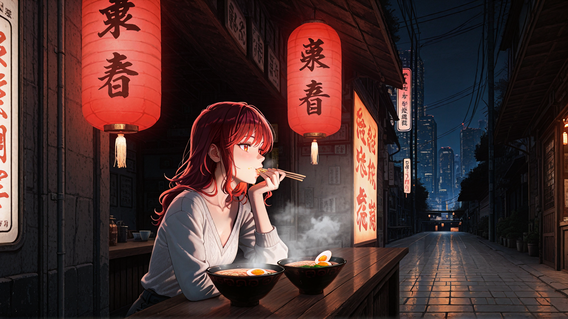 AI generated wallpaper featuring woman, ramen, lantern, street, noodle, chopsticks, sign, cityscape, building, egg