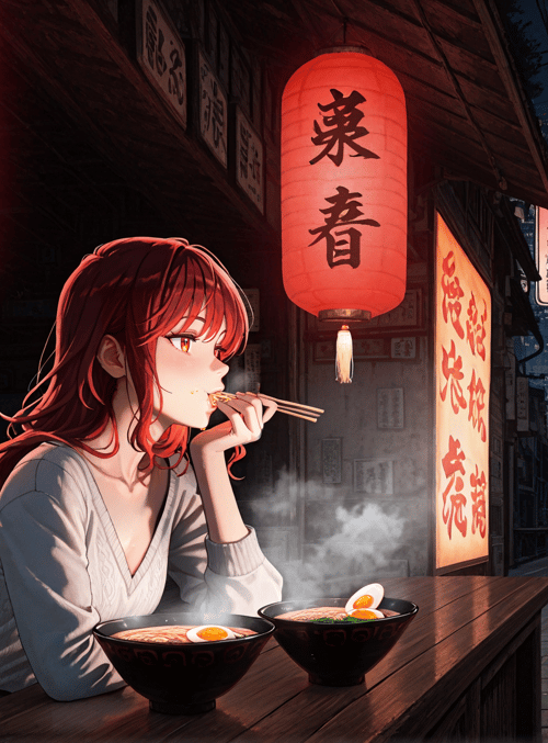 woman, ramen, lantern, street, noodle, chopsticks, sign, cityscape, building, egg