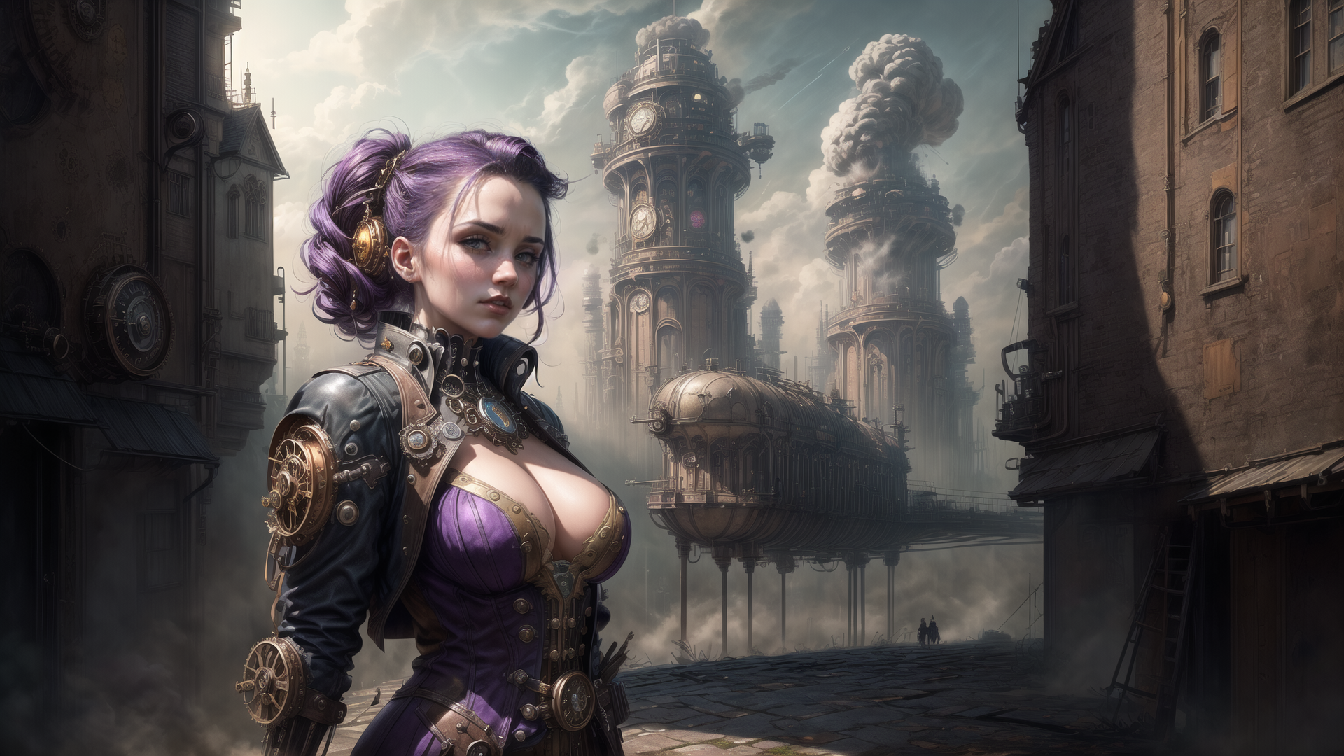 AI generated wallpaper featuring woman, steampunk, city