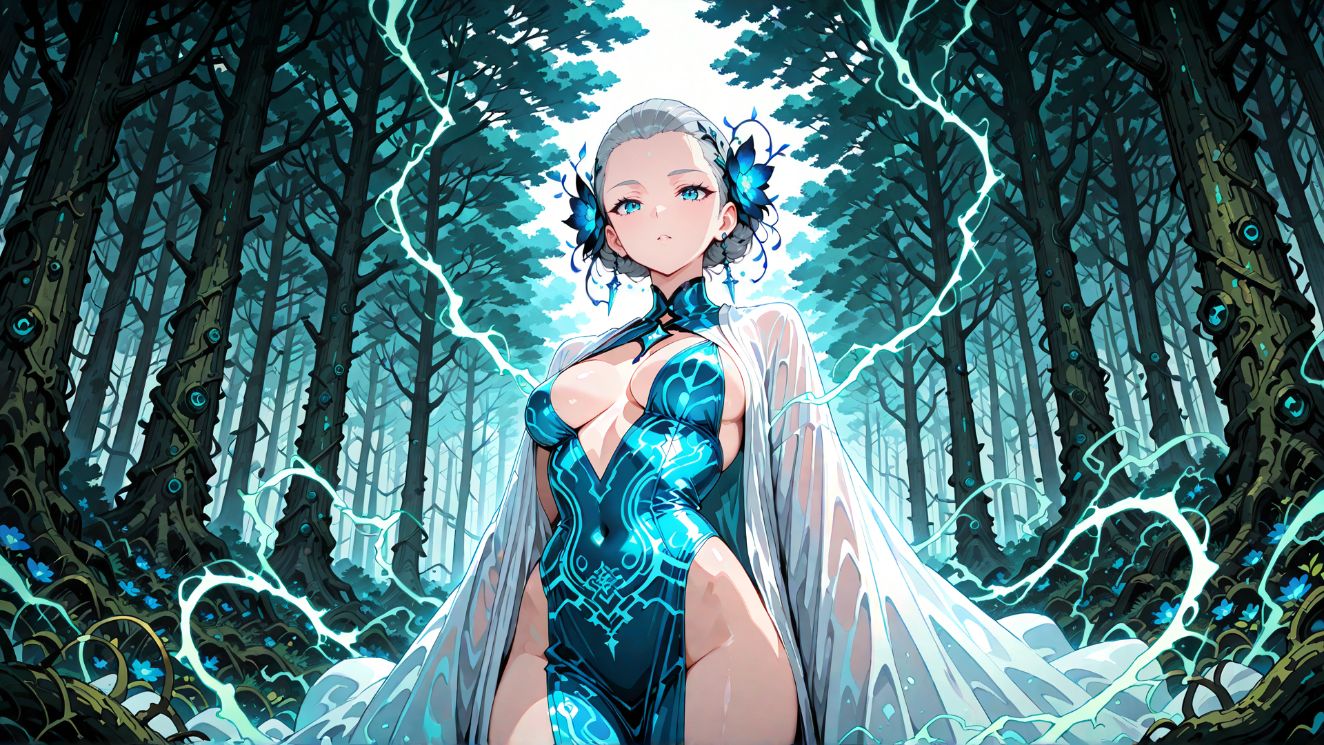 AI generated wallpaper featuring woman, forest, fairy, butterfly, trees, lightning