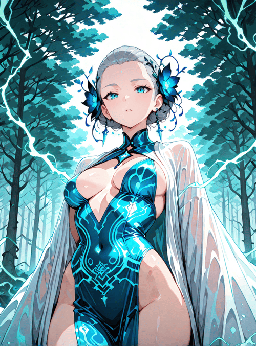 woman, forest, fairy, butterfly, trees, lightning