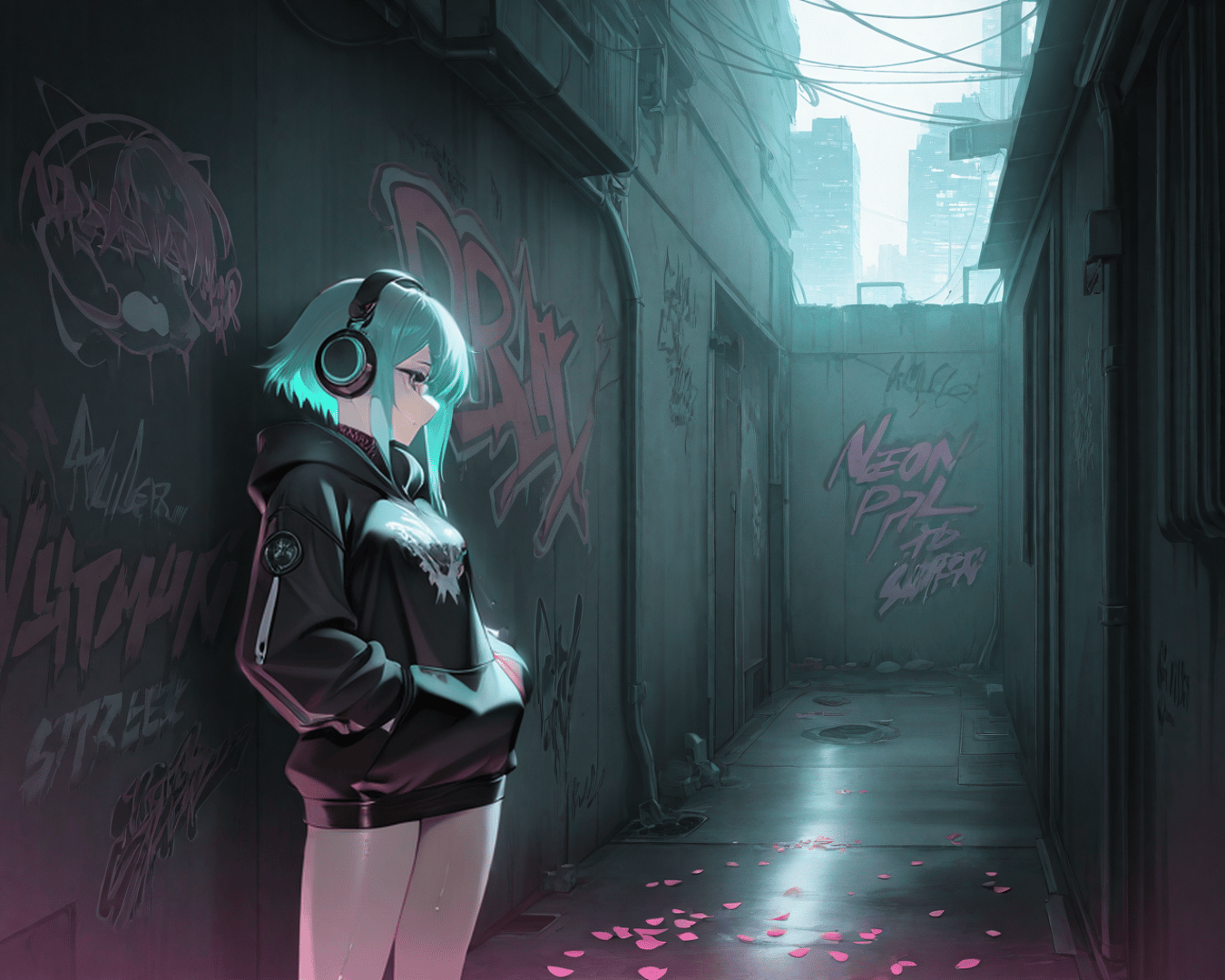 AI generated wallpaper featuring anime girl, alley, graffiti