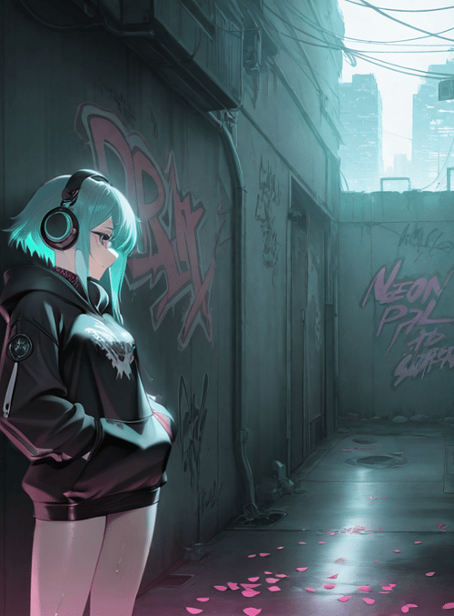 anime girl, alley, graffiti