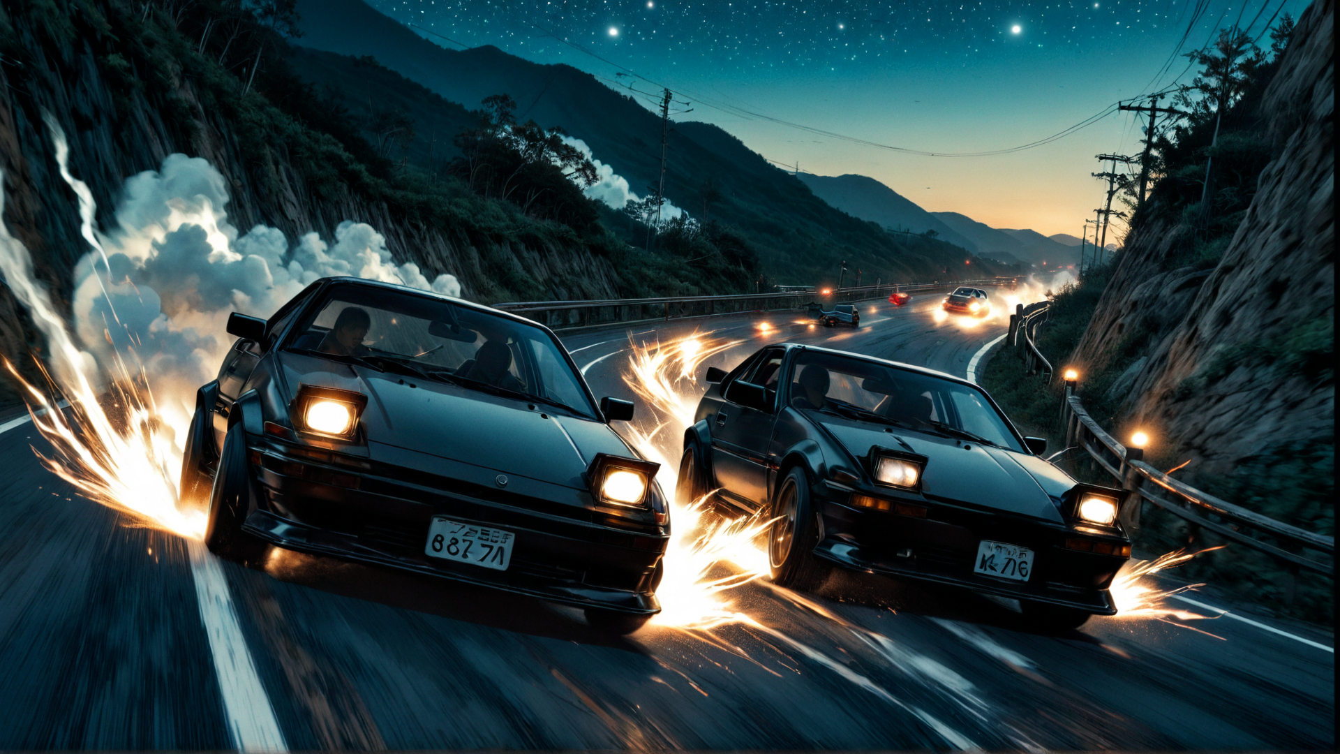 AI generated wallpaper featuring cars, road, mountains, stars, sparks, license plates, drivers, power lines, trees, smoke