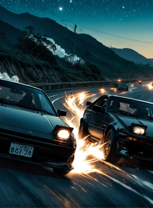 cars, road, mountains, stars, sparks, license plates, drivers, power lines, trees, smoke