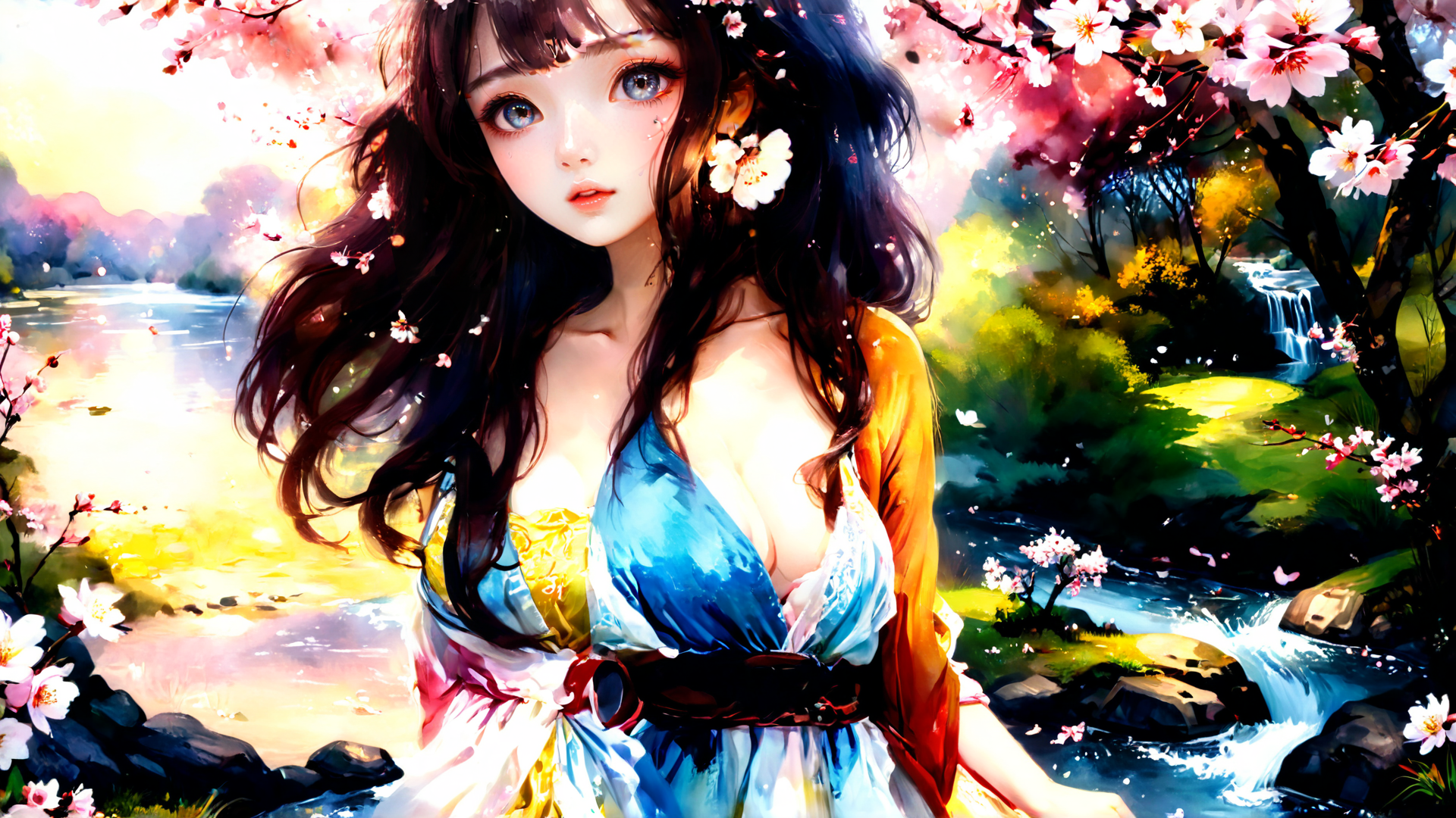 AI generated wallpaper featuring woman, cherry blossom, river