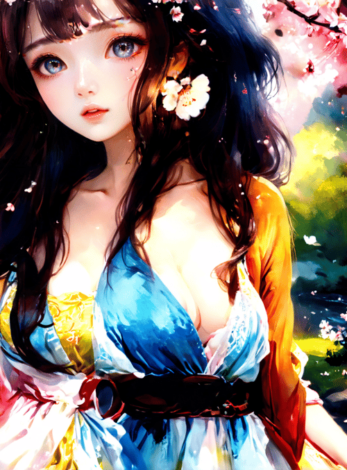 woman, cherry blossom, river