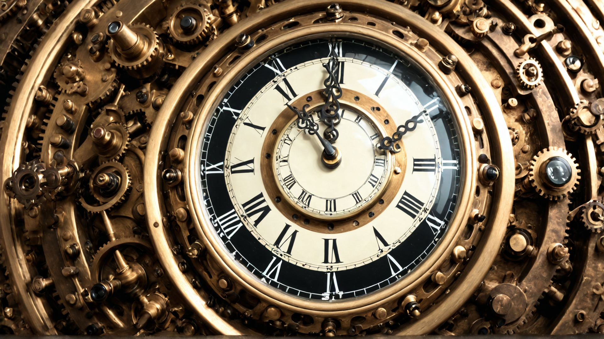 AI generated wallpaper featuring clock, gears, mechanism, roman numerals, steampunk, dials, timepiece, clockwork