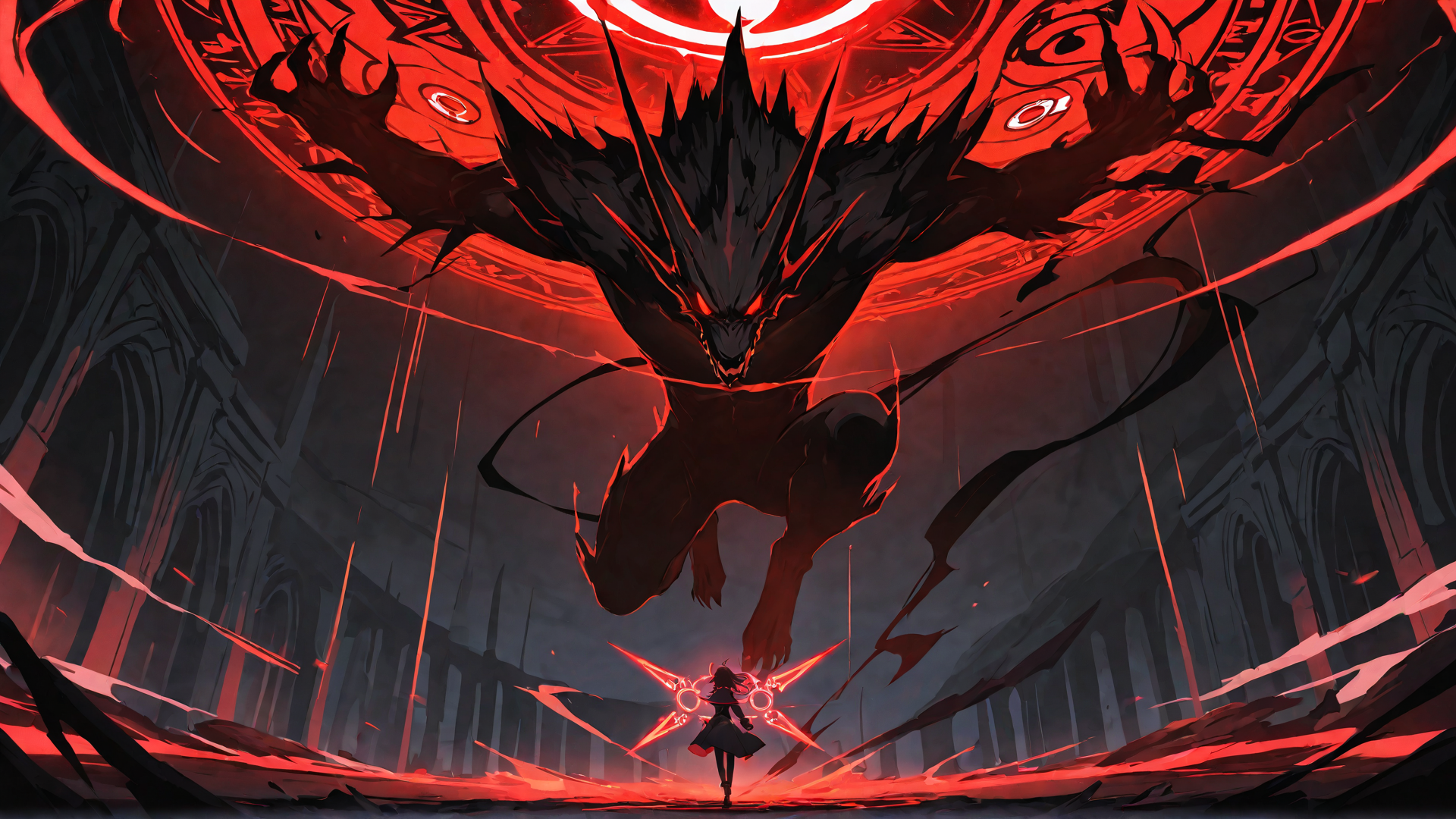 AI generated wallpaper featuring dragon, girl, gloves, castle, red, swords