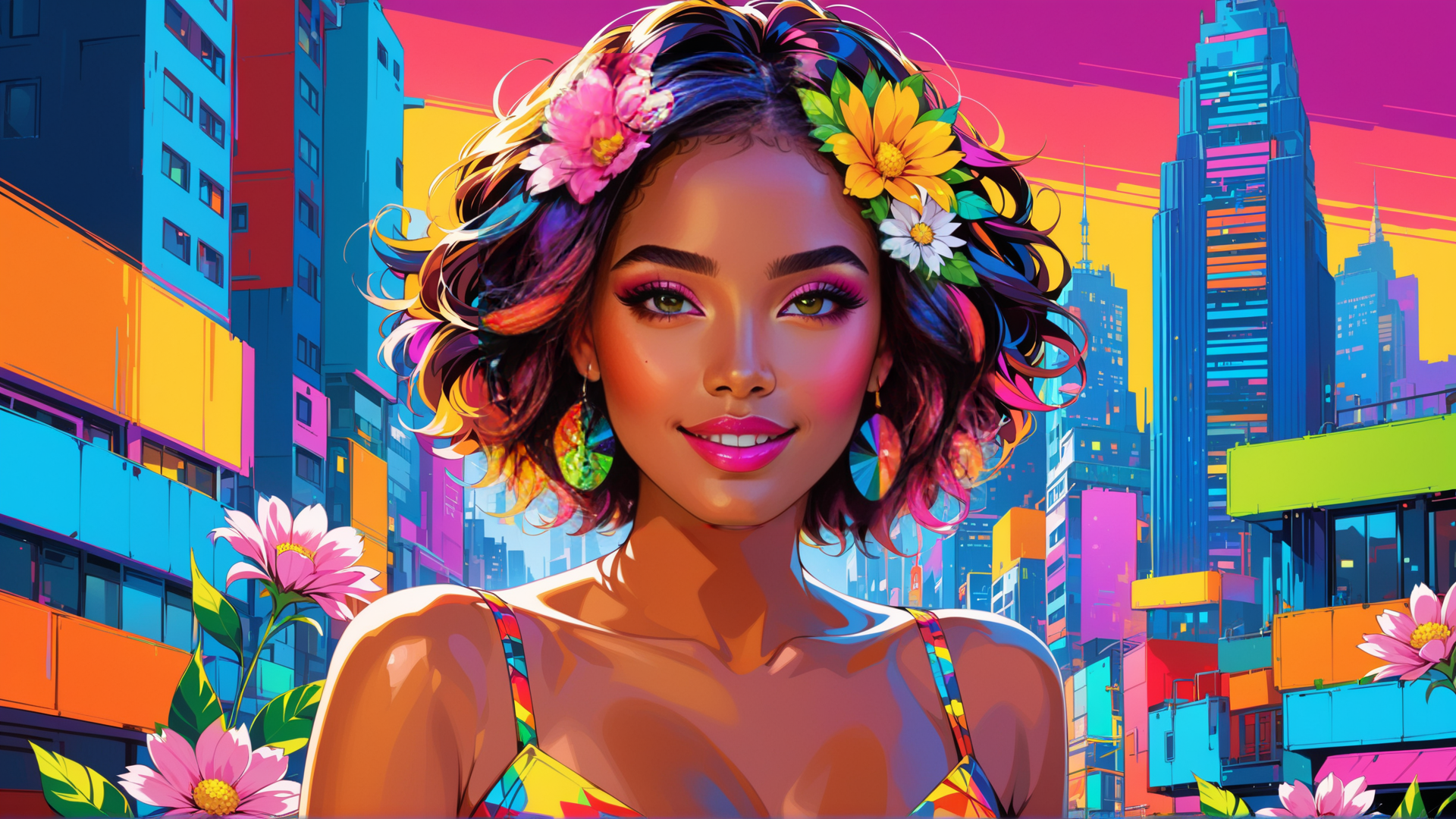 AI generated wallpaper featuring woman, cityscape, flowers