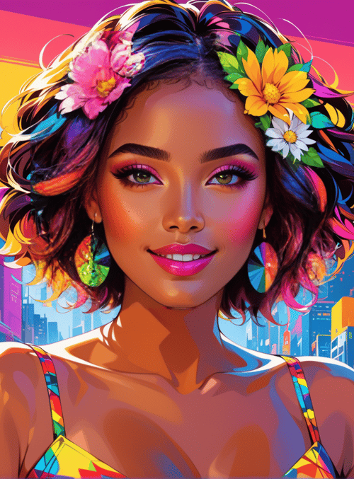 woman, cityscape, flowers