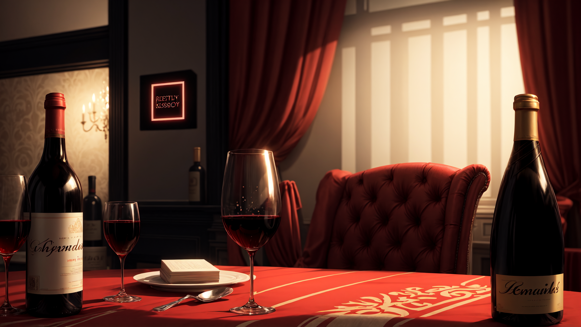 AI generated wallpaper featuring wine bottle, wine glass, table, chair, book, curtain, lamp, bottle, plate, spoon