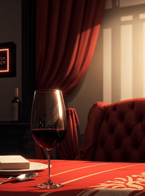 wine bottle, wine glass, table, chair, book, curtain, lamp, bottle, plate, spoon