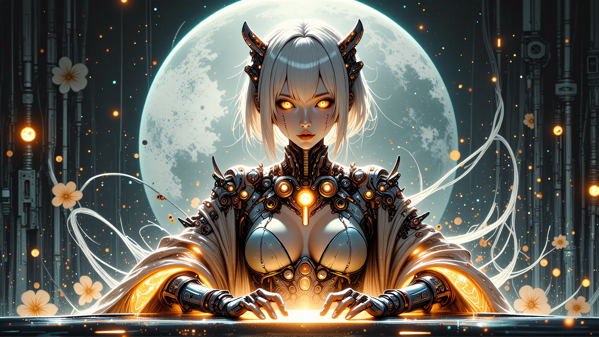 AI generated wallpaper featuring cyborg, female, moon, flowers, gears, lights, armor, glowing, mechanical, neon