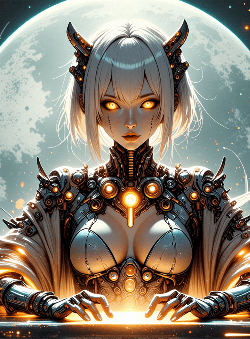 cyborg, female, moon, flowers, gears, lights, armor, glowing, mechanical, neon