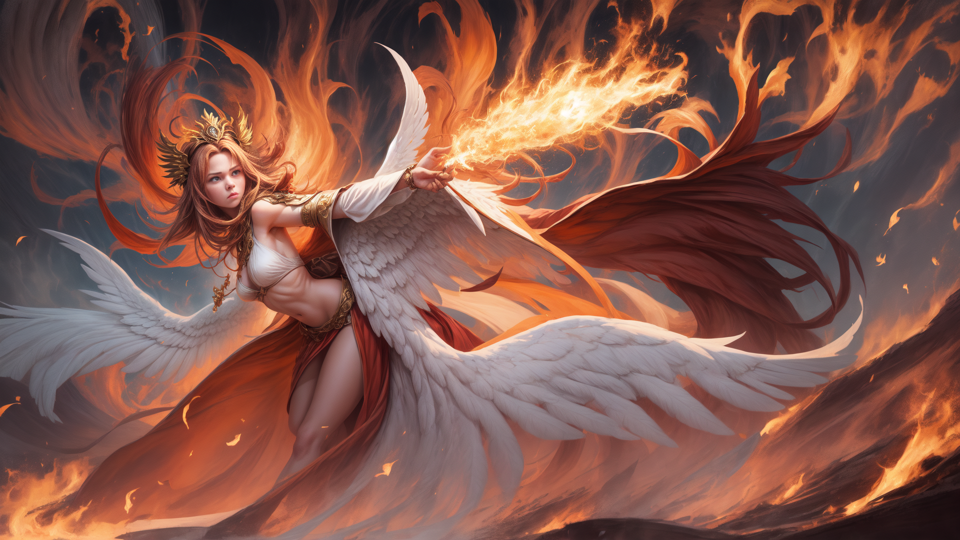 AI generated wallpaper featuring angel, woman, fire