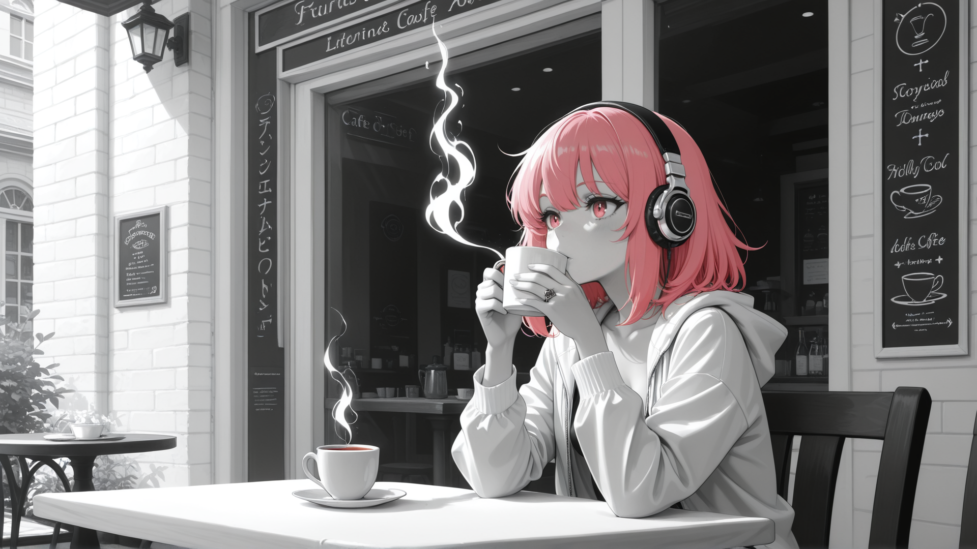AI generated wallpaper featuring girl, coffee, headphones, cafe, cup, table, window, plants, building, sign