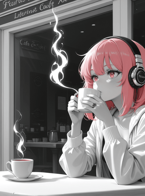 girl, coffee, headphones, cafe, cup, table, window, plants, building, sign