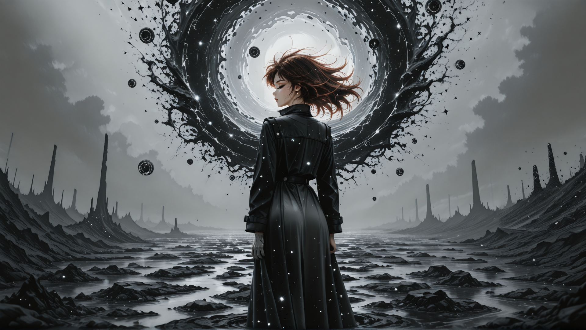 AI generated wallpaper featuring woman, galaxy, landscape