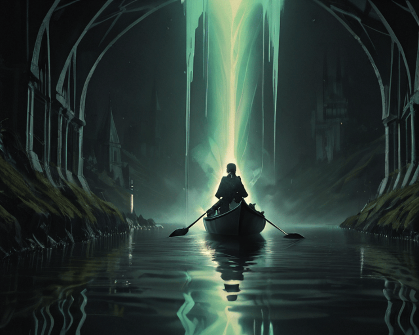 AI generated wallpaper featuring person, boat, cathedral