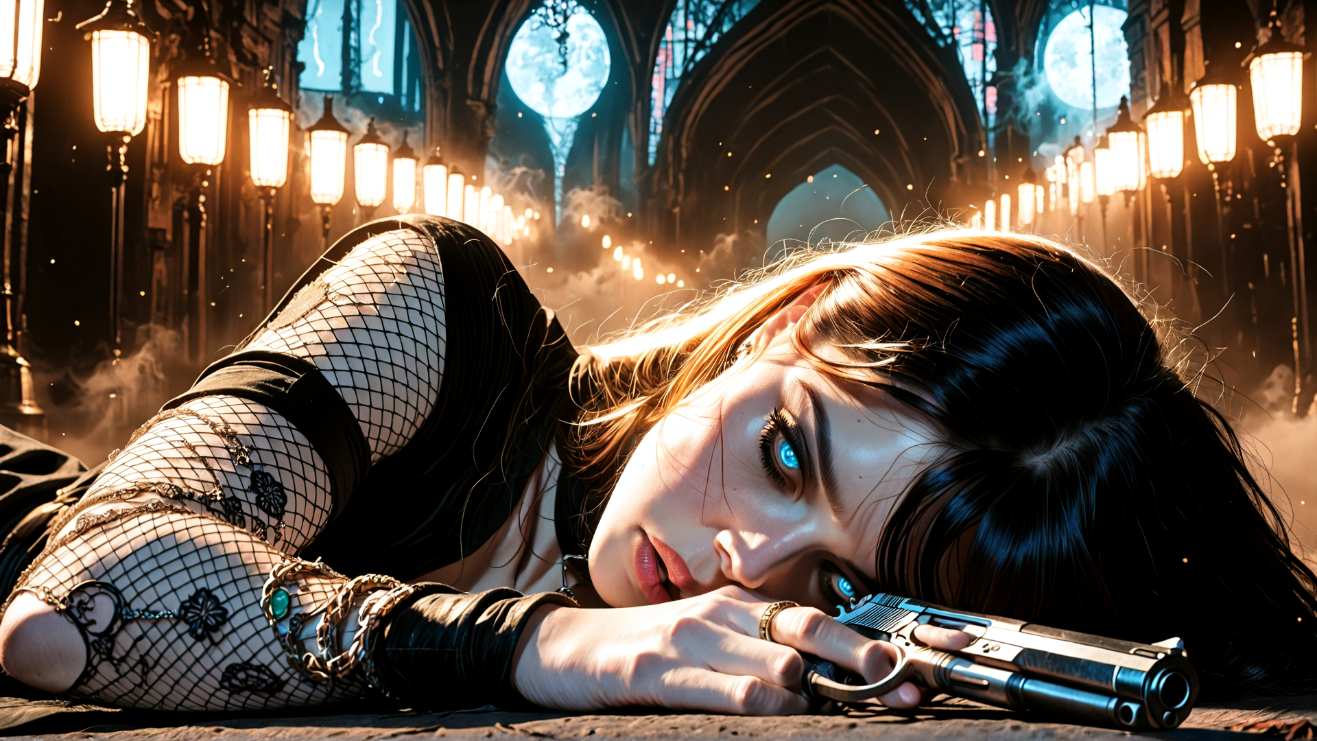 AI generated wallpaper featuring woman, gun, netting, lanterns, church, moon, chains