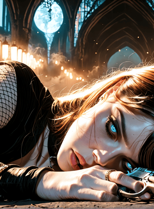 woman, gun, netting, lanterns, church, moon, chains